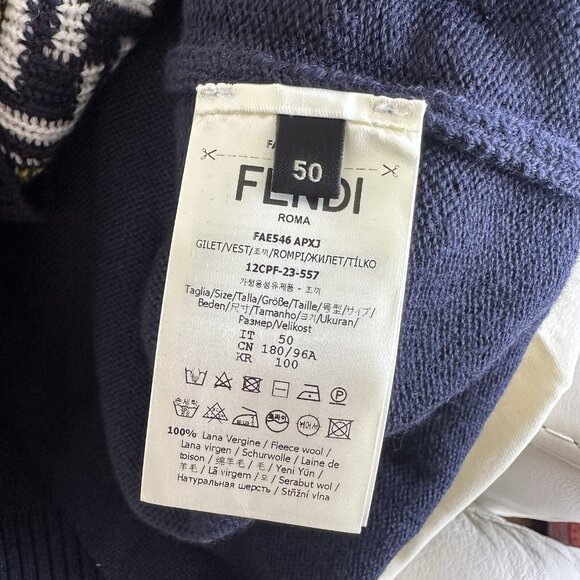 NWT Fendi Logo Intarsia Button-Up Vest Sweater Blue FF Virgin wool 100% Sz 50 - Picture 9 of 10